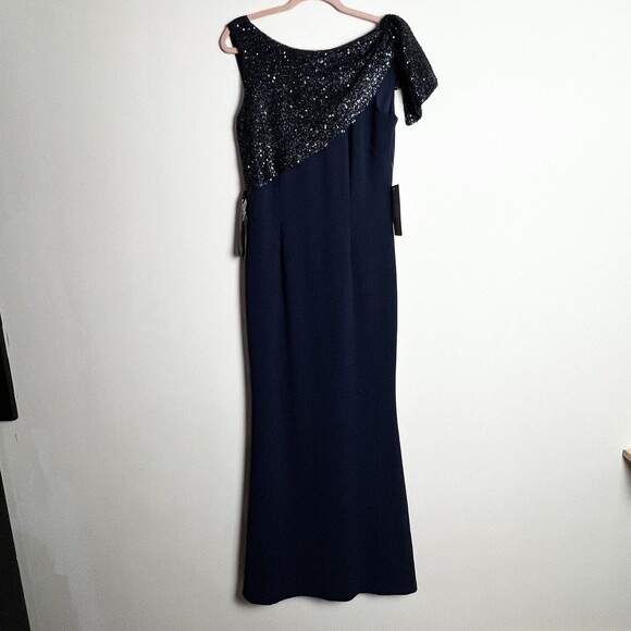 JS Collection Kennedy Draped Mermaid Maxi Dress Gown Navy NWT Sequins Sz 6 - Picture 2 of 16